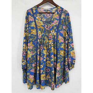Rusttydustty Dress Women M Blue Floral V-Neck‎ Boho Mini Cottage Resort Flowy